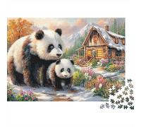Panda Duo 1000 pièces Cadeau Puzzle pour Adultes Pandas près de Cozy Cabin dans Autumn Premium épais Solide Vif Stimulant Difficile Anti-Stress 38x26cm/1000 pièces