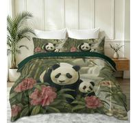 Panda Forêt Bambou Fleurs Animal Housse de Couette 200 x 200 cm | Nature Orientale Parure de Lit en Microfibre Convient à toutes les saisons,