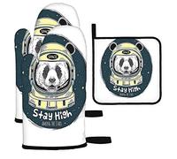 Panda Four Mitts and Pot Holders Set of 3 Cute Animal Space Panda Astronaut with Stars Planet Quote Gants de Cuisine résistants à la Chaleur Pad pour la Cuisson au Barbecue