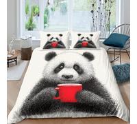 Panda holding cup Ensemble De Literie Microfibre résistante 3 Pièces 3D Effet Léger Illustrated cartoon Linge de Lit avec Taie d'oreiller Facile d'entretien for Décoration de Chambre King（220x240cm）