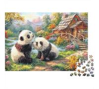 Panda Love Puzzle 1000 pièces Anti-Stress Adultes Pandas Cabane Rivière Forêt d'automne Qualité supérieure épaisse Robuste Stimulant Relaxation Cadeau Famille 38x26cm/1000pcs