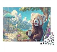 Panda Rouge appréciant Le café en Plein air Puzzles 1000 Pieces Picture Puzzles Faune Sauvage for Adults Décoration Murale Tableau Décoratif 52x38cm/1000pcs