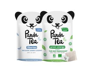 Panda Tea - Duo Green Energy & Libertea - Thé Vert Bio Énergie & Tisane Drainante - 2x28 Sachets Coton - Boost Énergie, Minceur & Rétention d’Eau, Jambes Lourdes - Mate, Hibiscus & Plantes Bio
