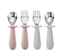 PandaEar 4 Set Bébé Toddler Ustensiles en Acier Inoxydable Silicone Argenterie Cuillère Fourchette pour Bébé Toddler Sans BPA avec Conception Anti-étouffement en Silicone (Rose & Gris)