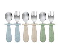 PandaEar 6 Pièces de Couverts pour Bébé en Silicone et Acier Inoxydable, Cuillères et Fourchettes pour Bébé et Tout-Petits sans BPA avec Design Anti-Étouffement en Silicone (Bleu Vert Beige)