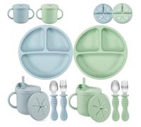 PandaEar Ensemble d'alimentation en silicone pour bébé | Lot de 2 assiettes à ventouse divisées en silicone et 2 petites tasses avec 2 cuillères et 2 fourchettes | Ustensiles de sevrage LED pour bébé
