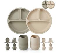 PandaEar Ensemble d'alimentation pour bébé en silicone | Lot de 2 plaques ventouses divisées en silicone et lot de 2 petites tasses avec 2 cuillères et 2 fourchettes| Ustensiles pour bébé (Noyer)