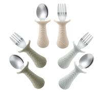 PandaEar Ensemble de Couverts pour Bébé, 6 Pièces Cuillères et Fourchettes en Silicone et Acier Inoxydable pour Bébés et Tout-Petits, sans BPA avec Design Antichoc en Silicone (Beige & Noyer & Gris)