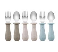 PandaEar Ensemble de Couverts pour Bébé, Lot de 6 Cuillères et Fourchettes pour Enfants, Acier Inoxydable 18/8 et Silicone de Qualité Alimentaire, Ensemble de Couverts pour Enfants (Marron/Noyer/Bleu)