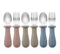 PandaEar Ensemble de Couverts pour Bébé, Lot de 6 Cuillères et Fourchettes pour Enfants, Acier Inoxydable 18/8 et Silicone de Qualité Alimentaire, Ensemble de Couverts pour Enfants (Bleu/Marron/Rouge)