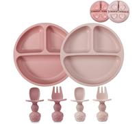 PandaEar Lot de 2 Assiettes à Ventouse Divisées pour Tout-Petits avec 2 Cuillères et 2 Fourchettes pour Bébés | Ustensiles en Silicone pour Diversification Alimentaire et Auto-Alimentation, Rose