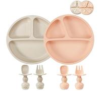 PandaEar Lot de 2 Assiettes à Ventouse en Silicone avec Compartiments, 2 Cuillères et 2 Fourchettes pour Bébés et Tout-Petits | Ensemble d'Alimentation pour Bébés en Silicone sans BPA - Rose & Lin