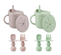 PandaEar Lot de 2 Gobelets en Silicone pour Bébé avec Paille et Tasses à Snacks avec 2 Cuillères et 2 Fourchettes, Gobelets d’Apprentissage Multifonctions pour Tout-Petits, Rose & Vert