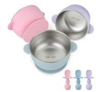 PandaEar Lot de 3 Bols en Acier Inoxydable avec Ventouse et 3 Cuillères en Silicone | Bols Antidérapants et Cuillères Anti-Étouffement | Set de Sevrage DME pour Bébé sans BPA