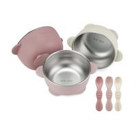 PandaEar Lot de 3 Bols Inox avec Ventouse et 3 Cuillères en Silicone | Set Antidérapant pour Bébé et Tout-Petit, Idéal pour Diversification Alimentaire, Sans BPA (Rose, Blanc)