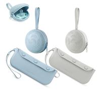 PandaEar Lot de 4 étuis porte-tétines, 2 pochettes de voyage portables en silicone et 2 sacs à couverts en silicone pour bébé, sans BPA, supports universels pour accessoires (bleu clair, gris)