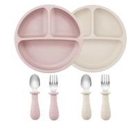 PandaEar Lot de 6 assiettes et ustensiles pour tout-petits, 2 assiettes en silicone avec ventouse et 4 fourchettes en acier inoxydable pour bébé, vaisselle pour bébé