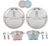 PandaEar Lot de 8 Ustensiles d’Alimentation pour Bébé, Assiettes et Bols à Ventouse en Acier Inoxydable avec Cuillère et Fourchette en Silicone, Vaisselle DME pour Tout-Petits et Enfants (Rose & Bleu)
