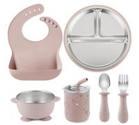 PandaEar Set de Repas Bébé 6-en-1 en Acier Inoxydable | Assiette à Compartiments avec Ventouse, Bol, Gobelet avec Paille, Bavoir, Cuillère & Fourchette | Essentiels Sans BPA pour l’Alimentation Autono