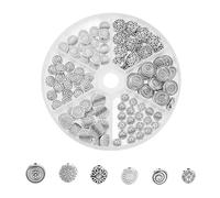 PandaHall Elite - 120pcs Perle Intercalaire Perle en Alliage 6 Styles Plat Rond avec Fleur Etoile de Style Tibetain pour Bijoux Collier Bracelet, Argent Antique