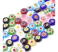 PandaHall Lot de 10 fils de perles en verre Millefiori faites à la main rondes et plates avec fleur unique pour fabrication de bijoux Couleurs mélangées aléatoires 10 x 4 mm