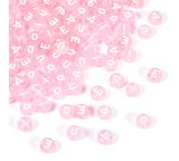 PandaHall Lot de 100 perles rondes et plates en acrylique transparent avec lettres de l'alphabet A/E/I/O/U pour la fabrication de bijoux - 7 mm - Rose