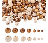 PandaHall Lot de 1010 perles rondes en bois naturel - 2 styles - 7 tailles - Perles d'espacement en vrac pour travaux manuels, fabrication de bijoux, bracelets, colliers, décorations faites à la main