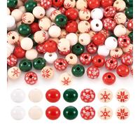 PandaHall Lot de 140 perles rondes en bois peint avec motif flocon de neige 7 styles Grand trou Perles d'espacement en bois naturel pour macramé, artisanat, fabrication de bijoux, décoration de fête