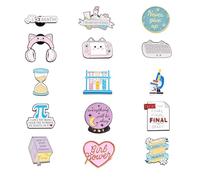 PandaHall Lot de 15 broches en émail avec mots mixtes : 15 styles, livre, stylo, sablier, microscope, tube à essai en alliage pour vêtements, sacs, vestes, accessoires