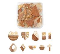 PandaHall Lot de 20 pendentifs boucles d'oreilles en résine et bois de noyer 10 styles croix rectangulaire plat rond en forme de larme feuille demi-rond et losange en résine avec feuille d'aluminium