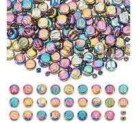 PandaHall Lot de 244 perles rondes et plates en verre avec lettres de l'alphabet - 10 mm - Petites perles d'espacement plaquées multicolore pour travaux manuels, porte-clés, colliers, fabrication de