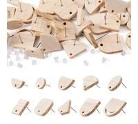 PandaHall Lot de 40 fermoirs de boucles d'oreilles à tige en bois avec 50 écrous rectangulaires plats ronds ovales pour la fabrication de bijoux