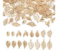 PandaHall Lot de 80 breloques en forme de feuille en alliage de zinc doré clair pour la fabrication de bijoux, bracelets, colliers, boucles d'oreilles, Métal
