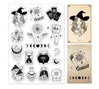 PandaHall Tampon Clair de Tarot Halloween, Cartes de Tampons en Silicone Moon Witch Timbres en Caoutchouc Word Tampons Transparents pour Fabrication de Cartes Décoration D'albums Photos Scrapbooking