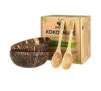 pandoo Lot de 2 bols en noix de coco avec cuillères - Produit 100 % naturel - Alternative sans plastique - Fait à la main et poli avec de l'huile de noix de coco