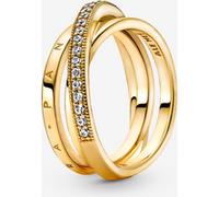 Pandora Signature Bague anneau triple croisé Pavé en métal plaqué or 14 carats avec zircones cubiques transparentes, taille 52