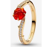 Pandora Bague La Belle et la Bête Rose Plaqué or 14k Zircone cubique transparente Verre Murano rouge