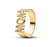 PANDORA Bague Maman Chevalière en plaqué or 14 carats avec zircone cubique, bague pour femme avec inscription MOM et pierres baguette, bague de déclaration, taille : 52, 164460C01-52