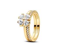 PANDORA Bague trèfle porte-bonheur à partager en plaqué or 14 carats avec zircone cubique, lot de 2 bagues pour femmes avec pierres en forme de cœur et anneau pavé, empilable, taille : 56, 164507C01