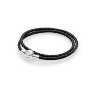 PANDORA Bracelet en cuir argenté double noir 590745CBK-D4 de marque, taille unique, métal, sans pierre précieuse, taille unique, Métal, Pas de gemme