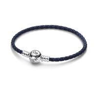 PANDORA Moments 592790C01-S1 Bracelet en cuir tressé bleu avec fermoir à boule en argent sterling, compatible Moments, taille : 17,5 cm