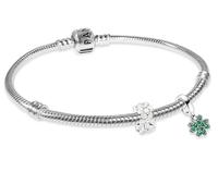 PANDORA Bracelet porte-bonheur pour femme en argent, coffret cadeau comprenant 2 breloques : trèfle à quatre feuilles et marguerite. Bijou moderne et polyvalent 68629 19 cm