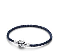 Bracelet en Cuir Tressé Bleu Fermoir Céleste Pandora Moments Bleu Noir 21 cm