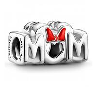 Pandora Charm Disney Minnie avec inscription « Mom » (Maman) en argent sterling avec émail rouge