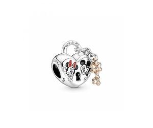 Pandora Charm Disney Minnie et Mickey forme cœur cadenas et clé en argent sterling et métal plaqué or rose 14 carats avec émail rouge, blanc et noir