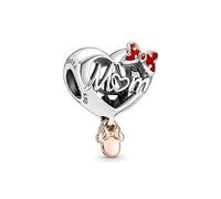 Pandora Charm Disney Minnie forme cœur inscription « Mom » (Maman) en argent sterling et métal plaqué or rose 14 carats avec émail rouge