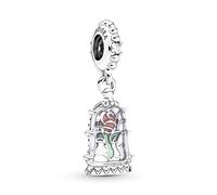 Pandora Charm pendant Disney La Belle et la Bête motif rose en argent sterling avec zircones cubiques transparentes, verre de Murano bleu clair transparent, émail rouge et vert