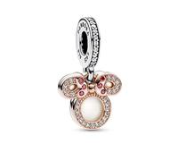 Pandora Charm pendant double Disney Minnie en argent sterling et métal plaqué or rose 14 carats avec zircones cubiques rouges et transparentes et émail blanc scintillant