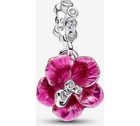 Hibiscus Sterling Silver Dangle with Clear Cubic Zirconia and Pink Enamel