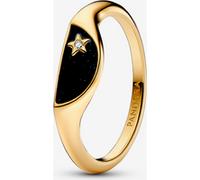 Pandora ME Bague chevalière en métal plaqué or 14 carats avec zircones cubiques transparentes et émail noir scintillant, taille 52